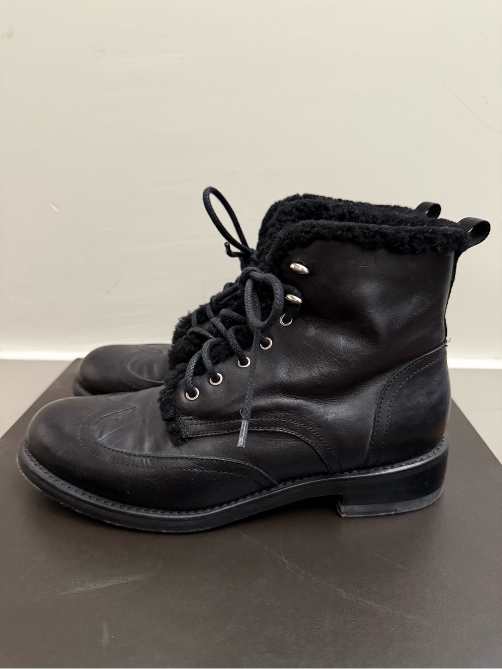 Rag & Bone Leather Cozen Shearling-Lined Combat Boots Black- Size 39